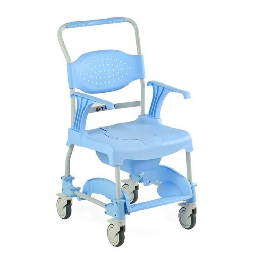 silla plástica azul de ducha y WC