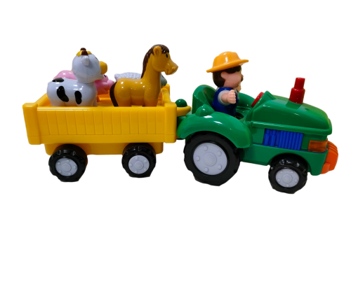 Tractor verde y amarillo con animales