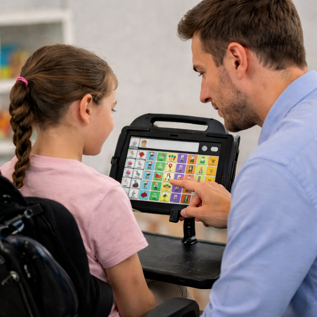 Hombre modelando a una niña con comunicador dinámico