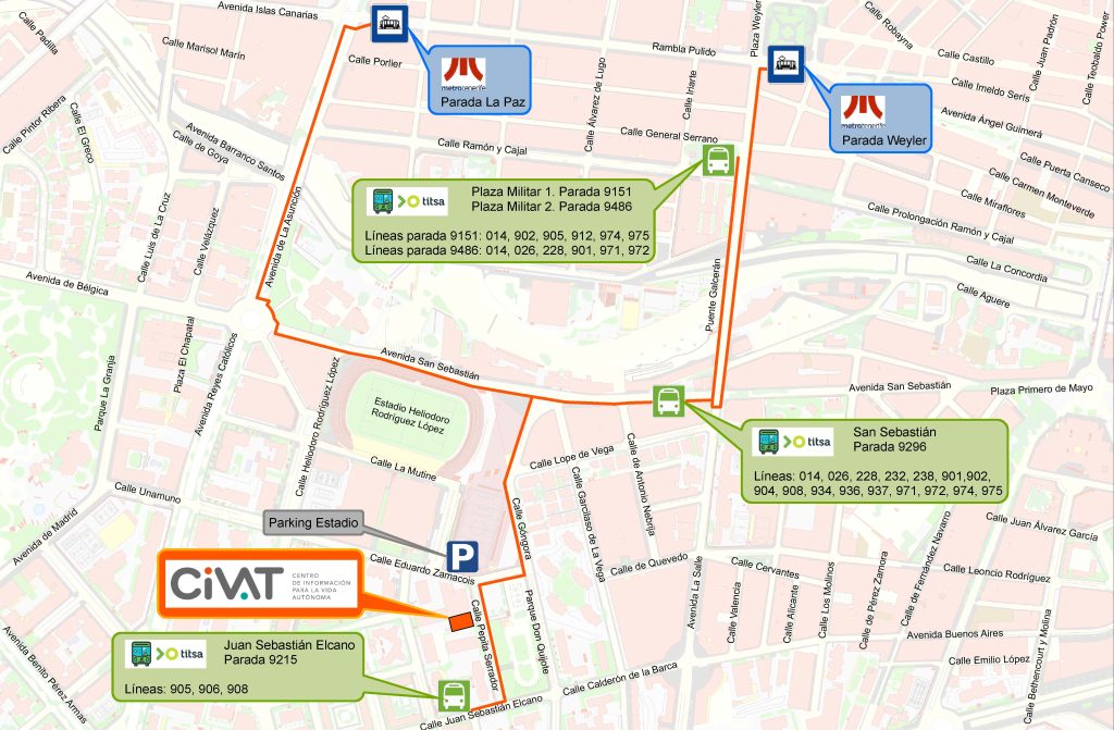 Ubicación del centro de información para la vida autónoma (CIVAT) con las líneas de transporte público y recorrido peatonal accesible