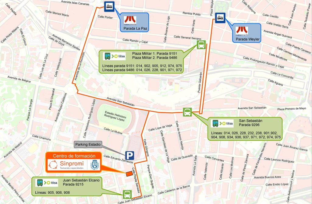 Ubicación del centro de formación de Sinpromi con las líneas de transporte público y recorrido peatonal accesible