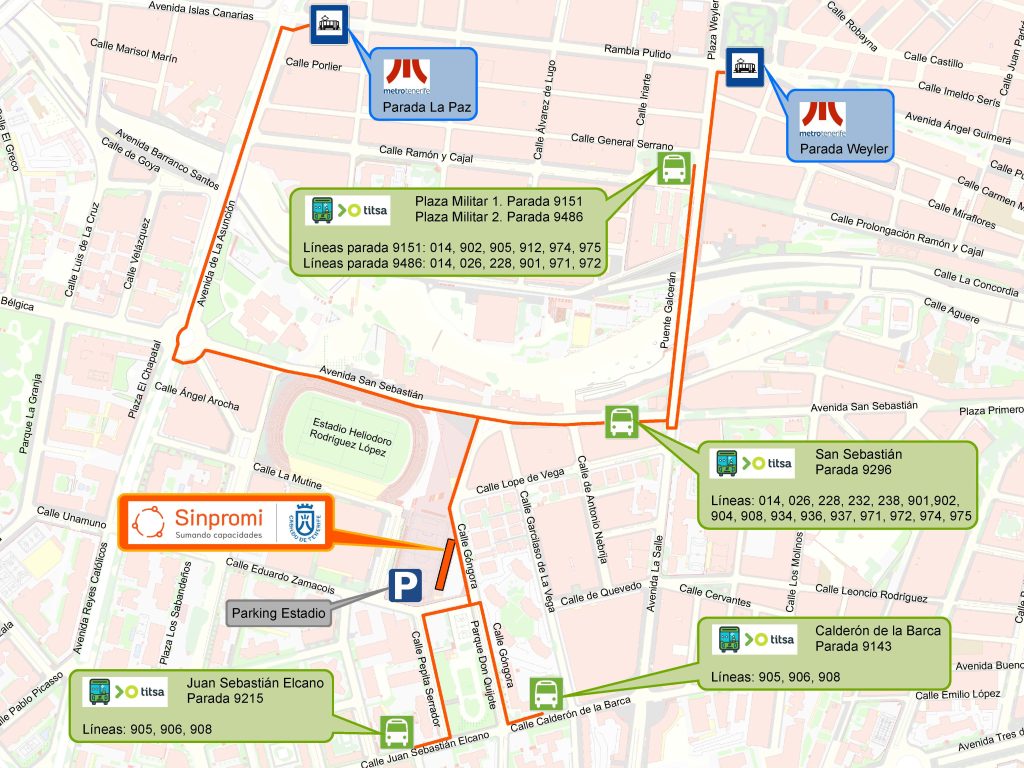 Ubicación de la sede principal de Sinpromi con las líneas de transporte público y recorrido peatonal accesible