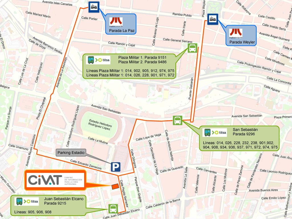 Plano de ubicación del centro de información para la vida autónoma (CIVAT) con las líneas de transporte público y recorrido peatonal accesible