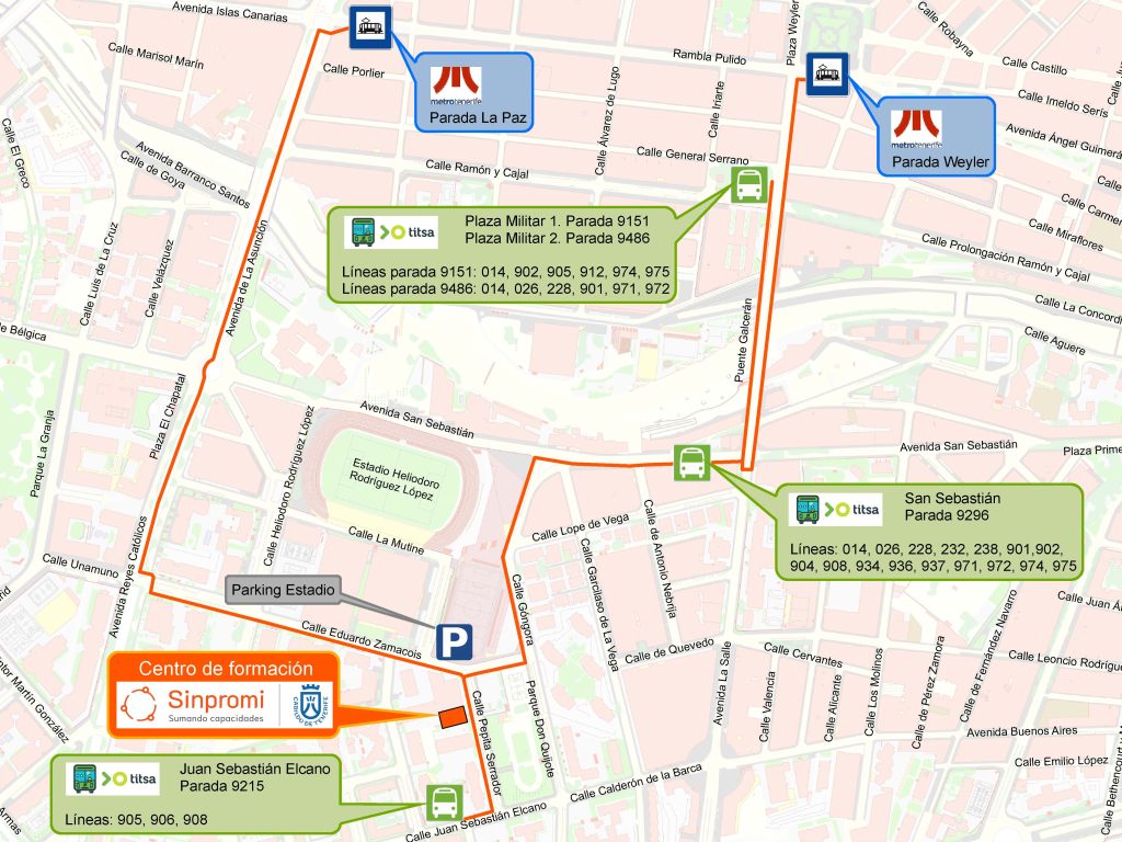 Plano de ubicación del centro de formación de Sinpromi, con las líneas de transporte público y recorrido peatonal accesible